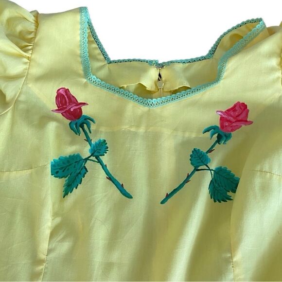 Vintage Square Dance Dress Hand Painted Roses RicRac Ruffles Yellow - Picture 3 of 6